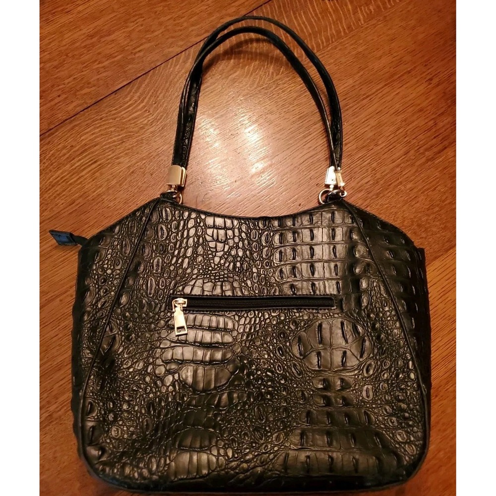 Vintage‎ Style Black Crocodile Texture Tote Purse w/Chevron Lining